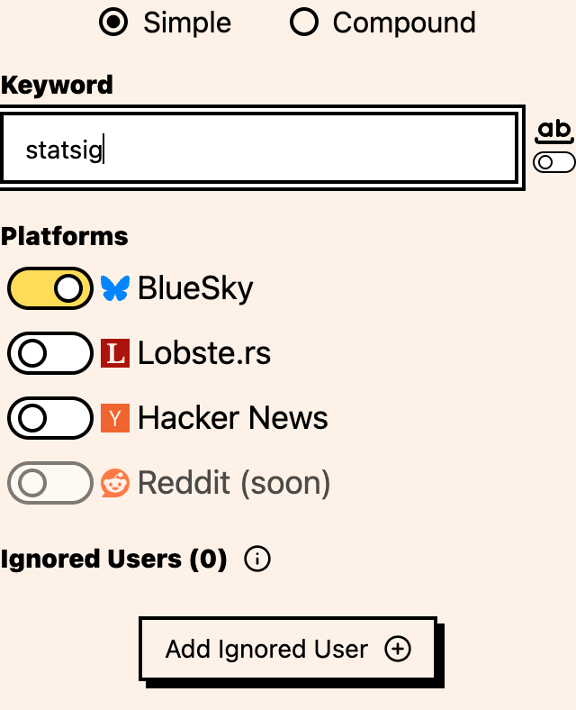 Keyword form where the keyword value can be edited with simple or compound matching text.