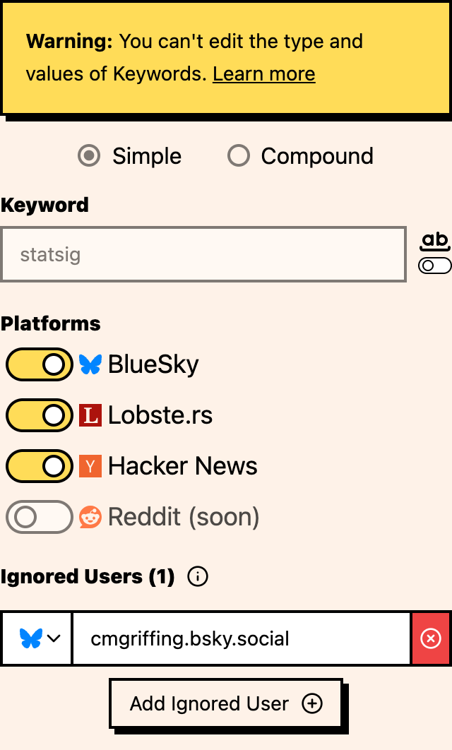 Keyword edit form showing platform checkboxes with existing platform selections.