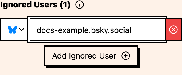 Ignored Users section showing a platform selector, example username field, and add-user action.