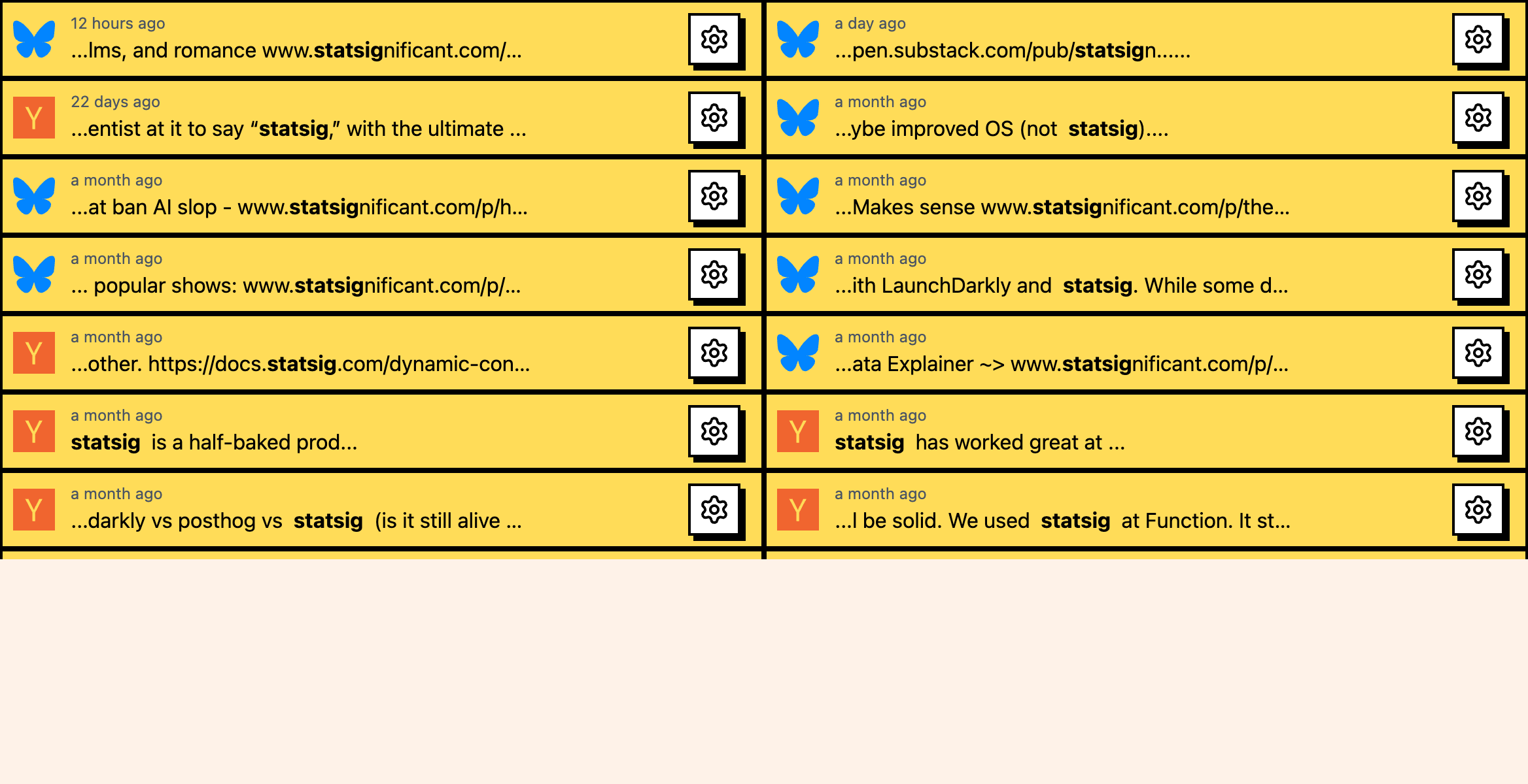 Keyword Events list showing unread mentions with platform, author, content, and status details.