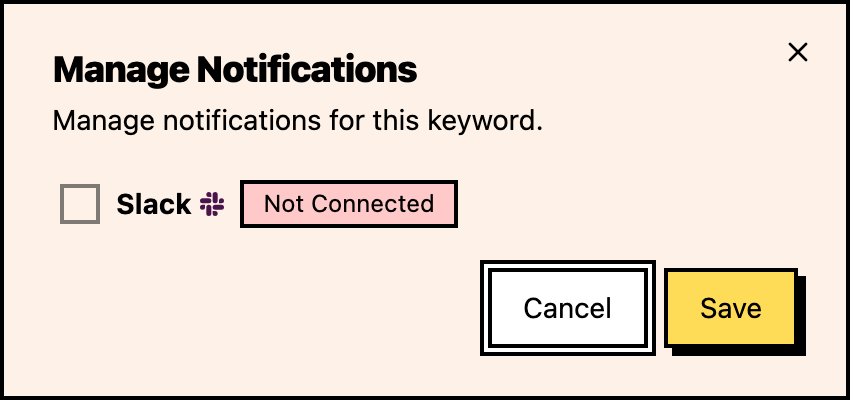 Manage Notifications dialog for a keyword listing notification channel readiness.