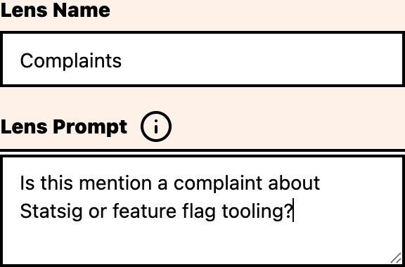New Lens form with name and prompt fields, alongside recent keyword events for prompt context.