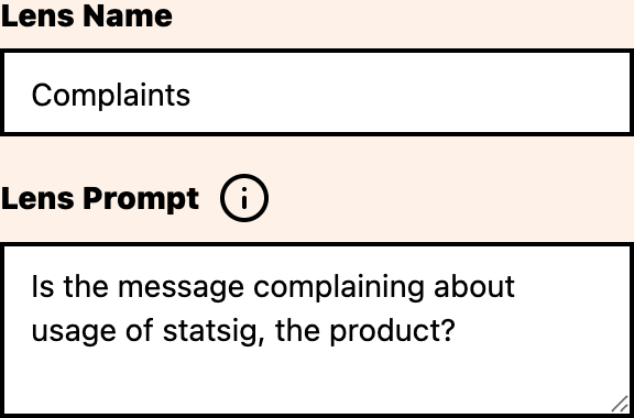 Lens edit form showing an existing prompt being refined with keyword events for context.