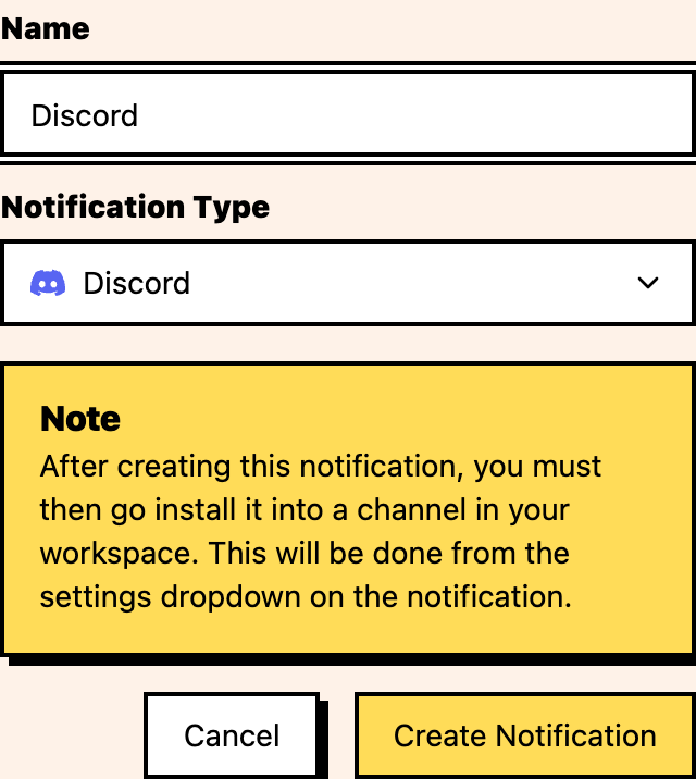 Discord notification creation form with name field and Discord type selected.