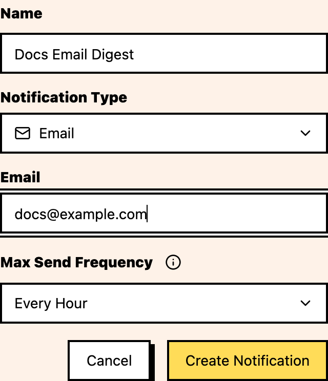Email notification creation form with name, email, and send frequency fields.
