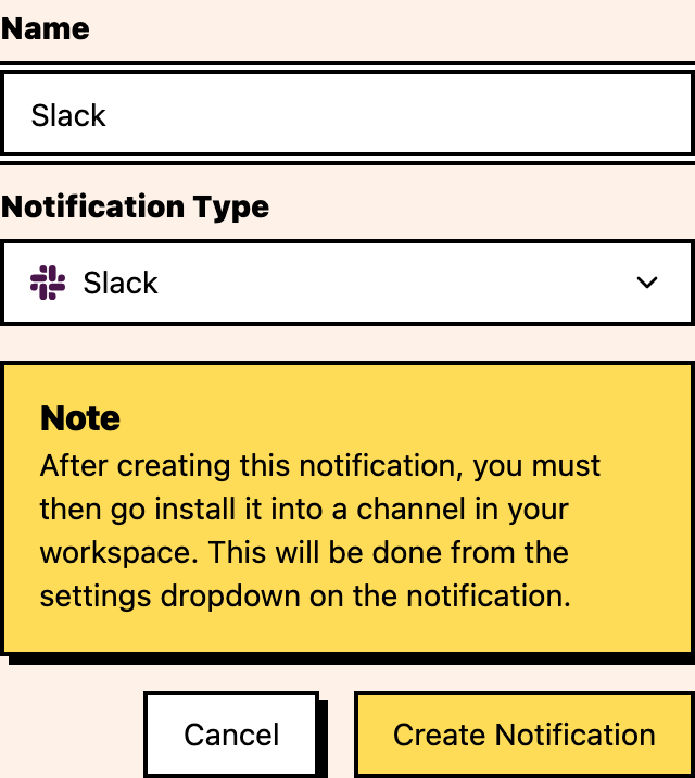 Slack notification creation form with name field and Slack type selected.