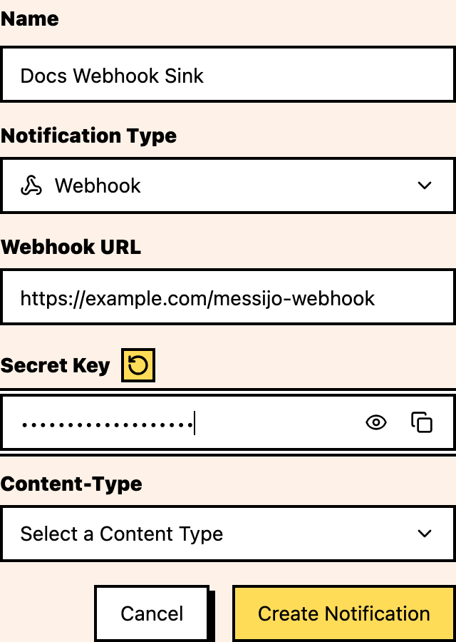 Webhook notification form with name, type, URL, content type, and secret key fields.