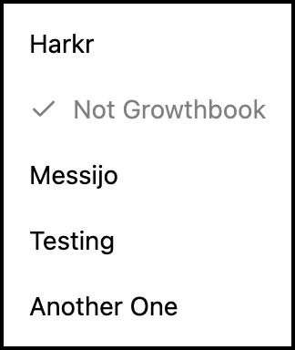 Team switcher submenu showing available organizations with the current team highlighted.